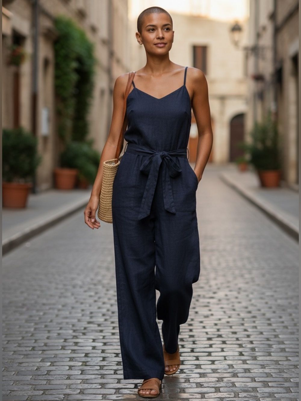 Saks Fifth Avenue Purple  Linen V-Neck Sleeveless Wide-Leg Belted Jumpsuit XS